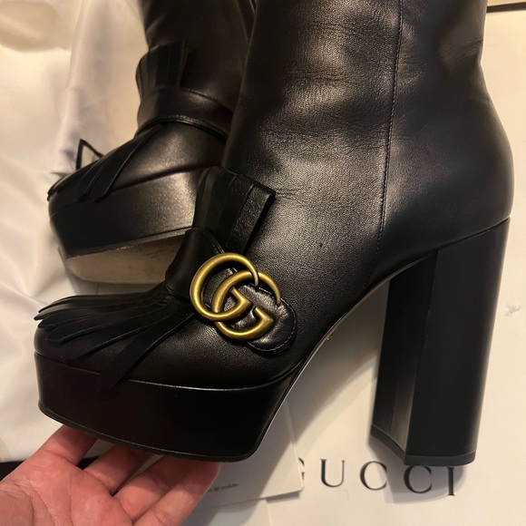 Gucci Shoes - GR Gucci Leather Platform Ankle Boots with Fringe